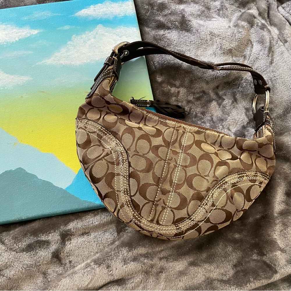 Coach Signature Jacquard Logo Mini Hobo Shoulder Bag Tan Brown